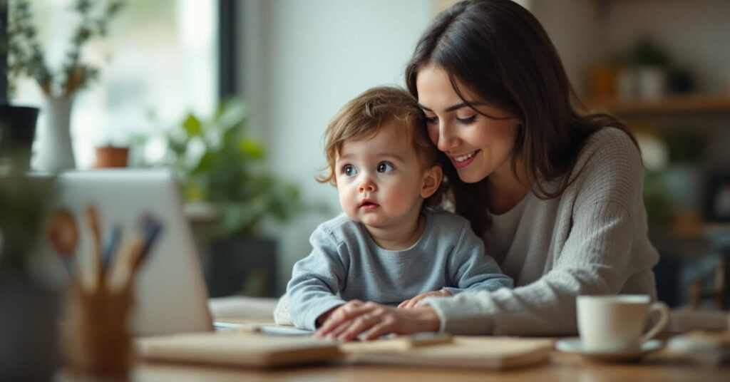 Babysitting : baby-sitter souriante s'occupant d'un enfant dans un cadre familial chaleureux