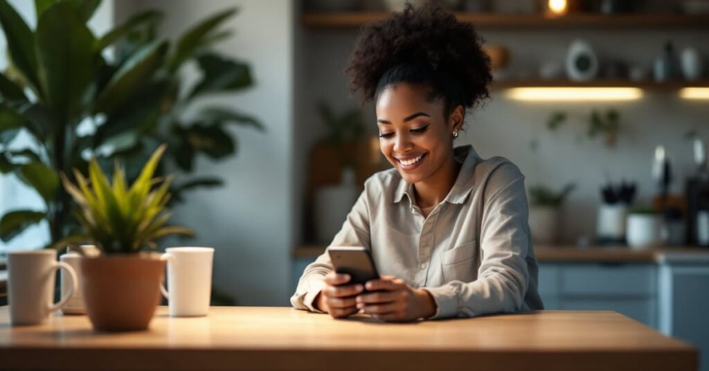Assistante maternelle et parent échangeant sur un forum professionnel autour d'une table moderne