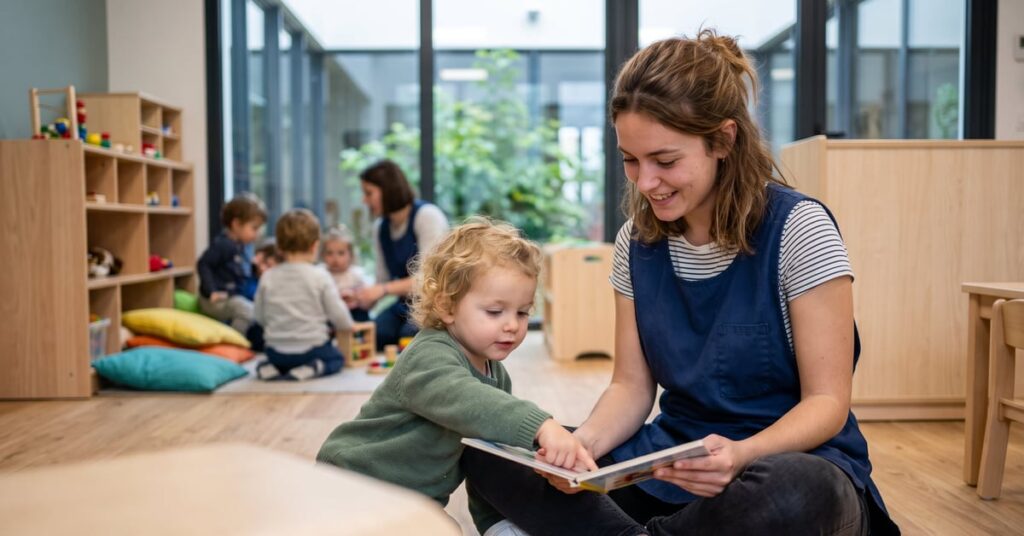 Jeune apprentie en CAP Petite Enfance en alternance interagissant avec des enfants en structure d'accueil