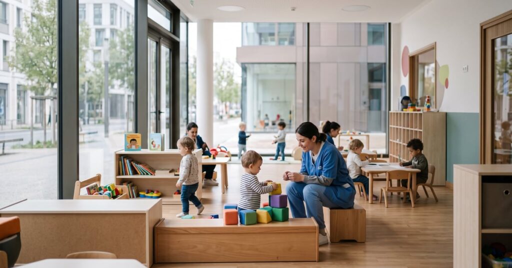 Crèche Babilou : enfants encadrés par des professionnels de la petite enfance dans un espace moderne