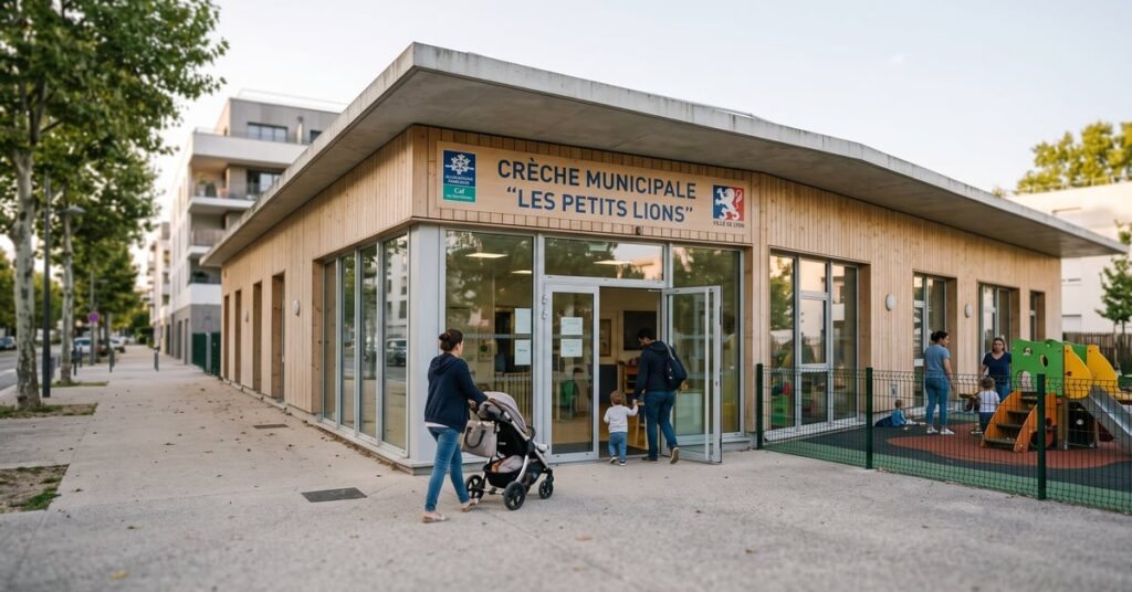 Crèche municipale : enfants en activité encadrés par des auxiliaires de puériculture dans une salle colorée