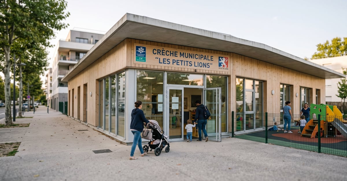 Crèche municipale : enfants en activité encadrés par des auxiliaires de puériculture dans une salle colorée