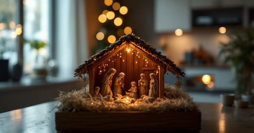 Crèche de Noël artisanale avec figurines de la nativité posées sur une surface en bois dans un intérieur chaleureux