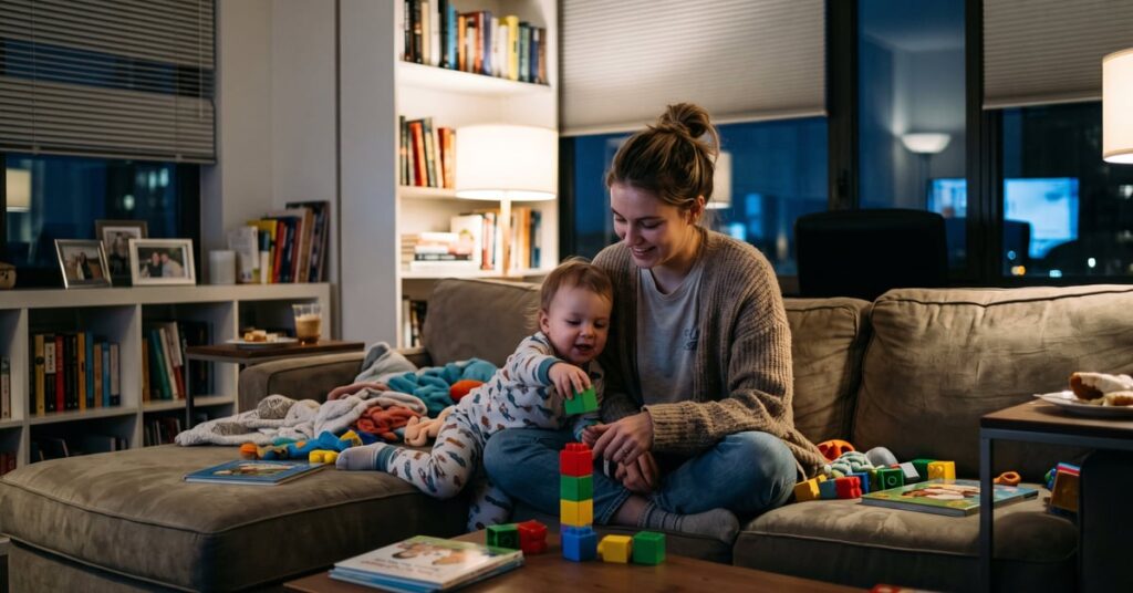Babysitting de nuit : baby-sitter veillant sur un enfant endormi dans une chambre paisible