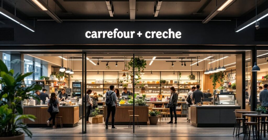Carrefour crèche : parents et enfants dans un espace d'accueil petite enfance moderne