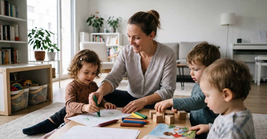 Assistante maternelle animant une activité créative avec de jeunes enfants autour d'une table colorée