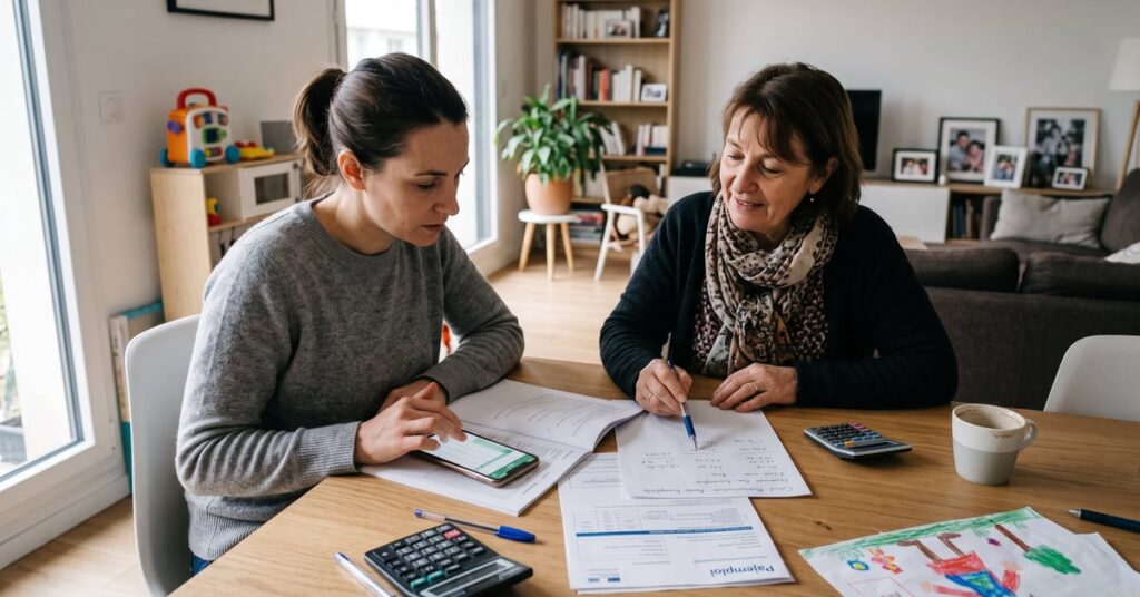 Calcul mensualisation assistante maternelle : salaire mensuel sur papier et calculatrice