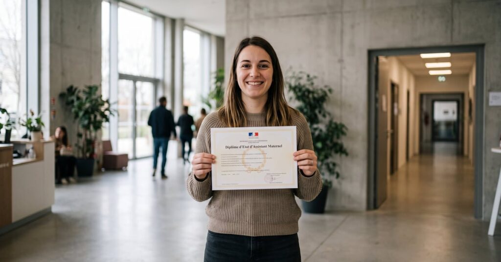 Diplôme d'assistante maternelle posé sur un bureau, symbole de qualification professionnelle reconnue