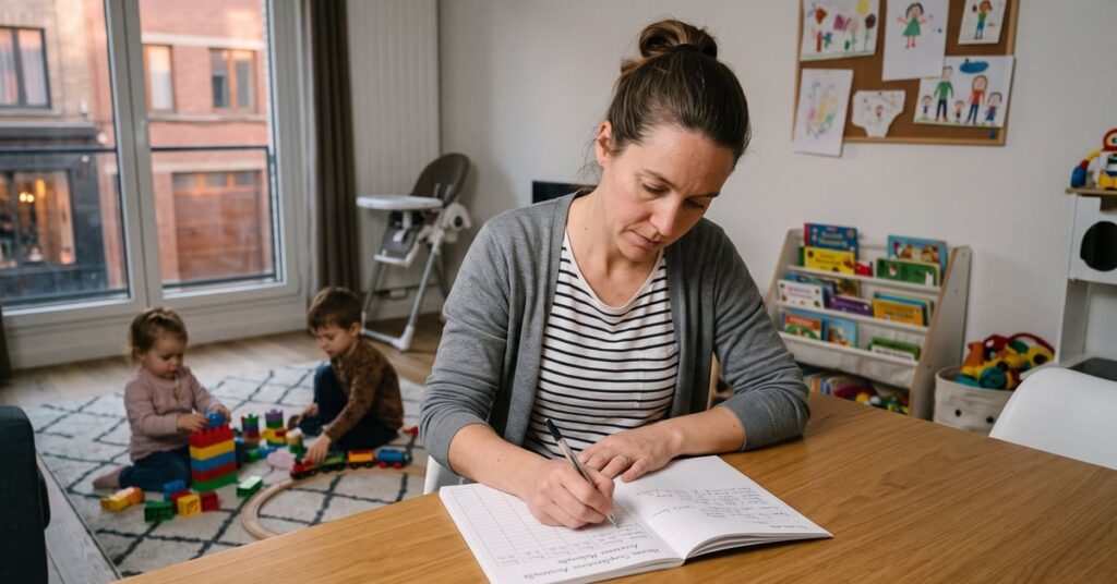 Assistante maternelle calculant ses heures supplémentaires avec des documents et une calculatrice
