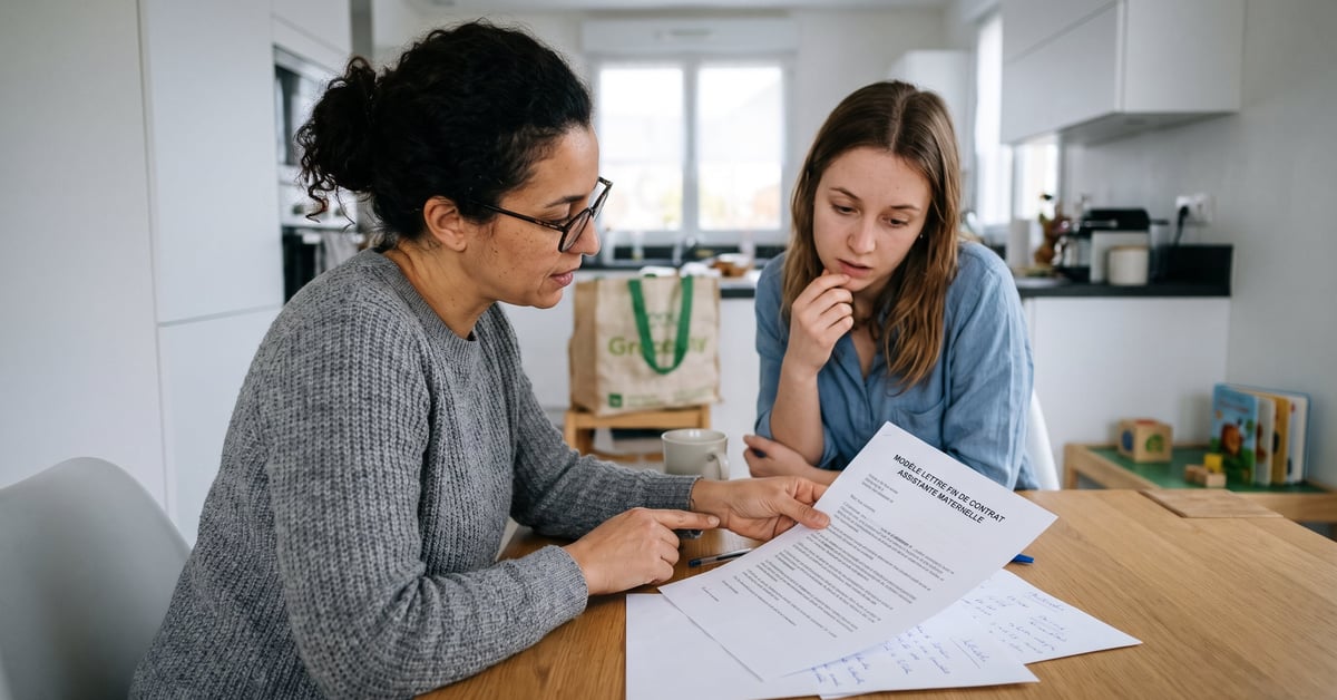 Modèle lettre fin de contrat assistante maternelle posé sur un bureau avec stylo et documents administratifs