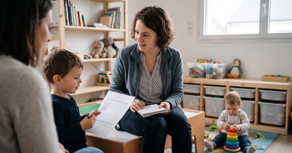 Assistante maternelle calculant son salaire brut et net avec des documents administratifs