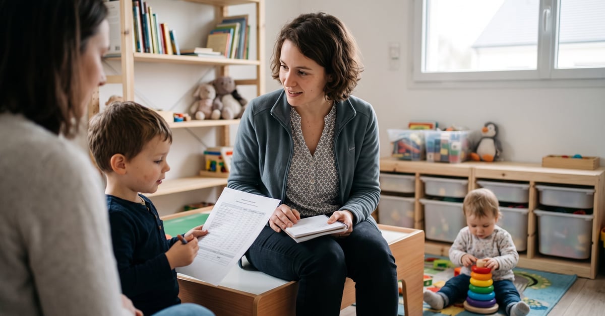 Assistante maternelle calculant son salaire brut et net avec des documents administratifs